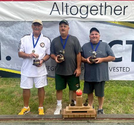 The State of Michigan Bocce Ball Championship Tournament was held in Iron Mountain on July 29. The first-place winners are pictured, from left, Mike Constantini, of Iron Mountain; Joe Fittane of Iron River; and Mike Cimarelli of Iron River. The team was sponsored by B&B Tire of Iron Mountain. This was the first time a U.P. team won the State Championship,